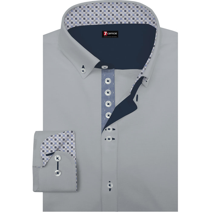 Camicia Uomo 1 Bottoni Button Down Slim Popeline Stretch Unito Grigio