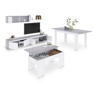 Pack salón con mesa de centro y mesa de comedor Arlet Max V2B Blanco Artik (Blanco Mate) - Gris Cemento