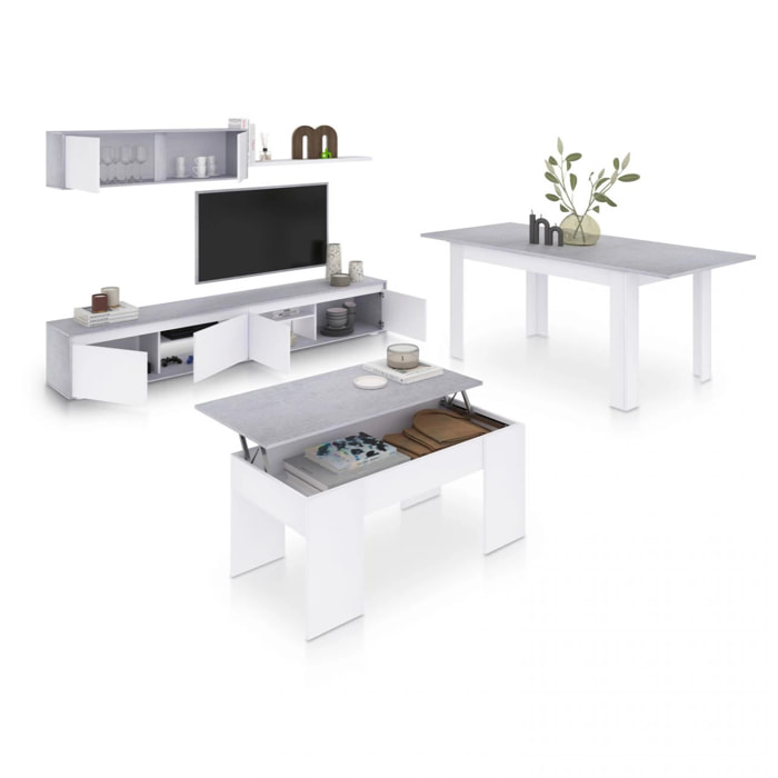 Pack salón con mesa de centro y mesa de comedor Arlet Max V2B Blanco Artik (Blanco Mate) - Gris Cemento