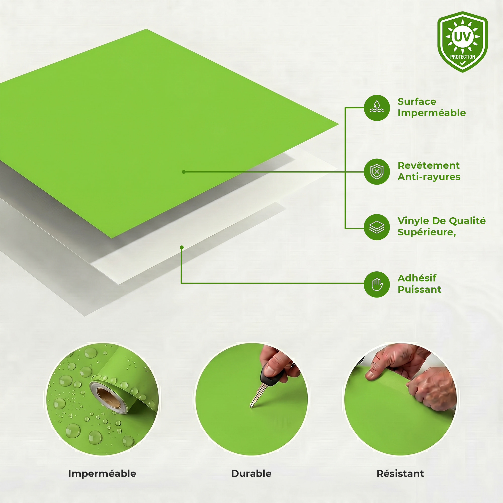 Rouleau adhésif décoratif Vinyle au Mètre - Vert pomme - Sticker Lavable Imperméable Mur Cuisine Meubles