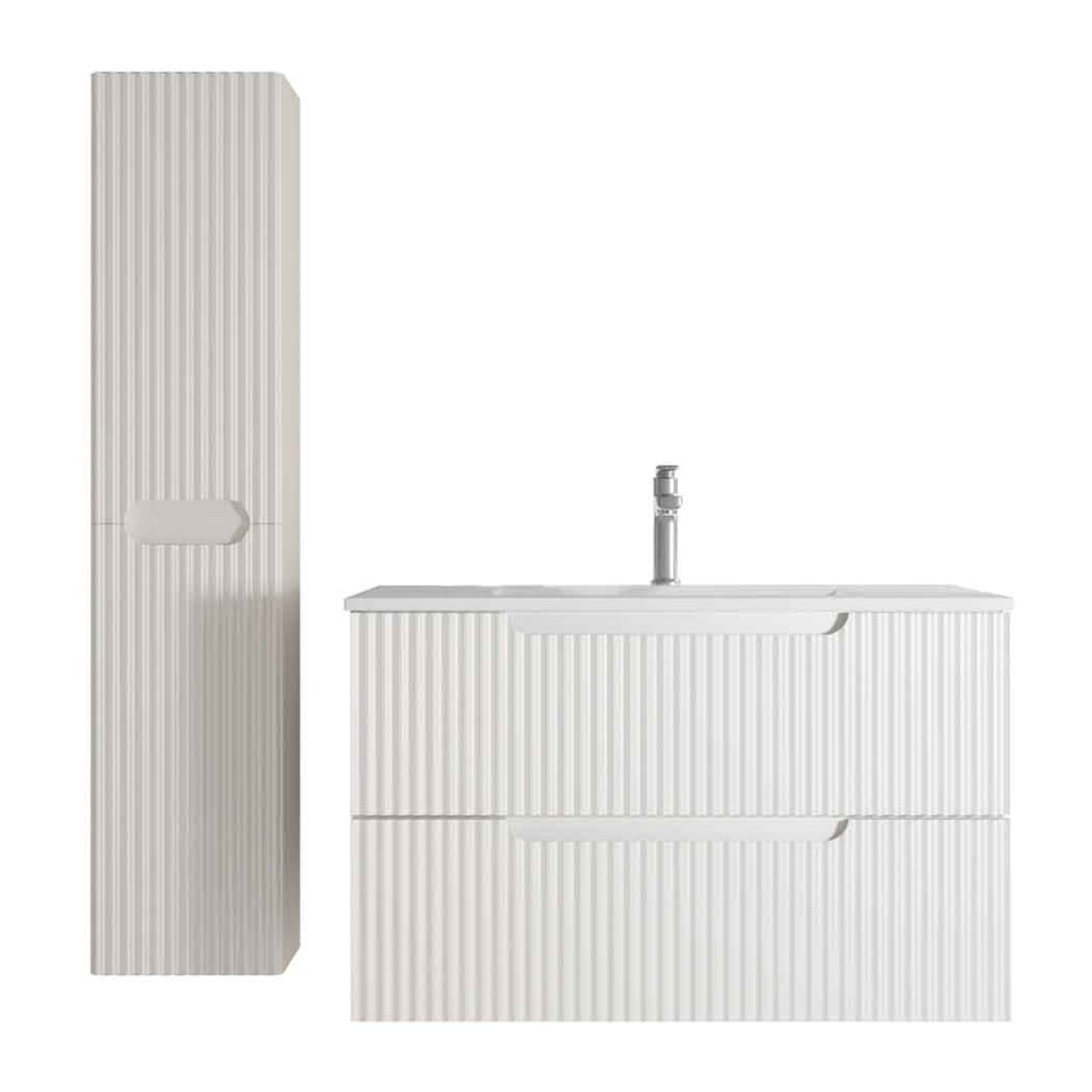 Meuble et colonne de Salle de Bains LEON 80cm Blanc Neige - Façades Ondulées - Vasque Blanche Mate
