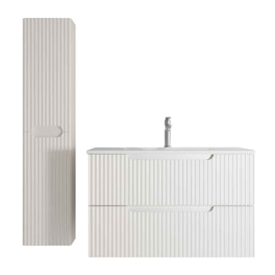 Meuble et colonne de Salle de Bains LEON 80cm Blanc Neige - Façades Ondulées - Vasque Blanche Mate