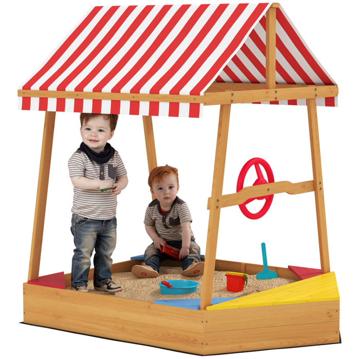 Arenero para Niños de +3 Años Arenero Infantil en Forma de Barco con Toldo y Asientos Arenero para Exterior 133x101x141 cm Natural