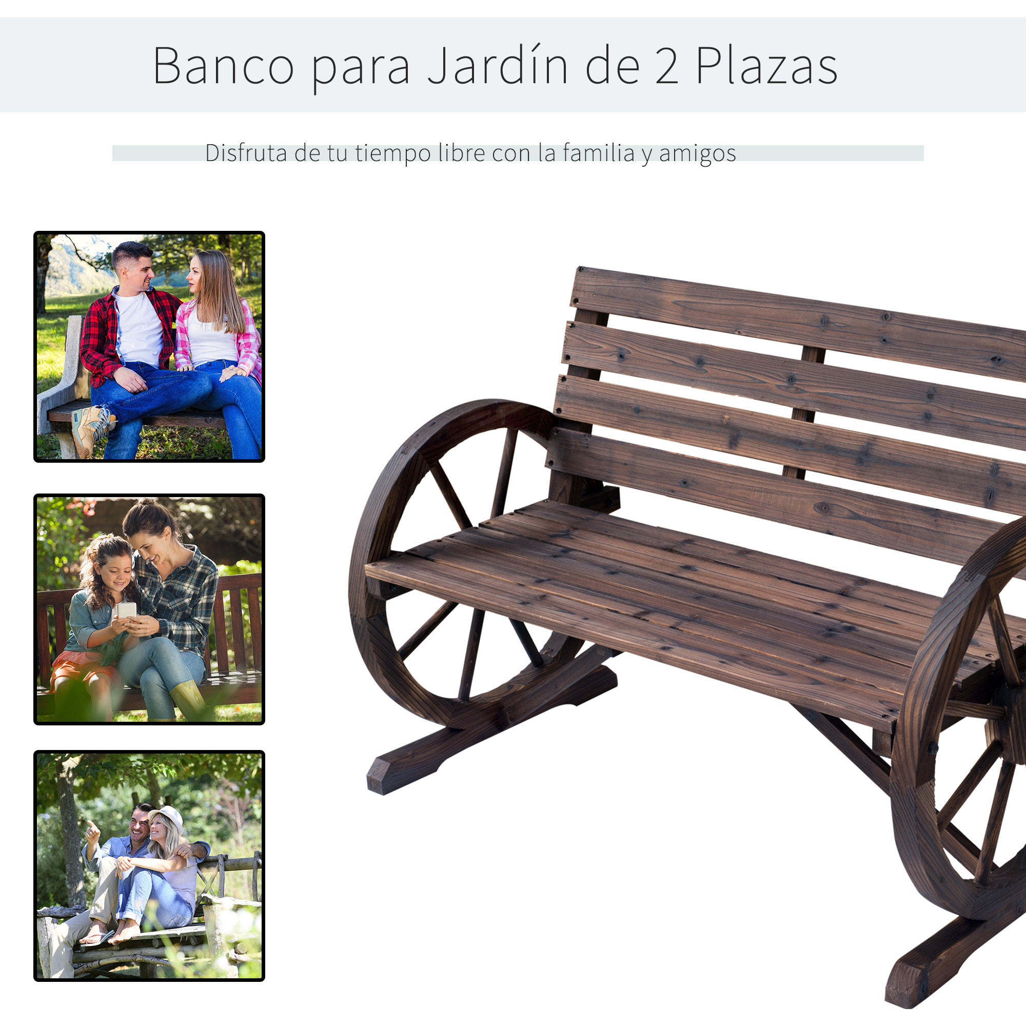 Banco de Madera con Apoyabrazos en Forma de Rueda de Carro 105,5x56x75 cm Marrón