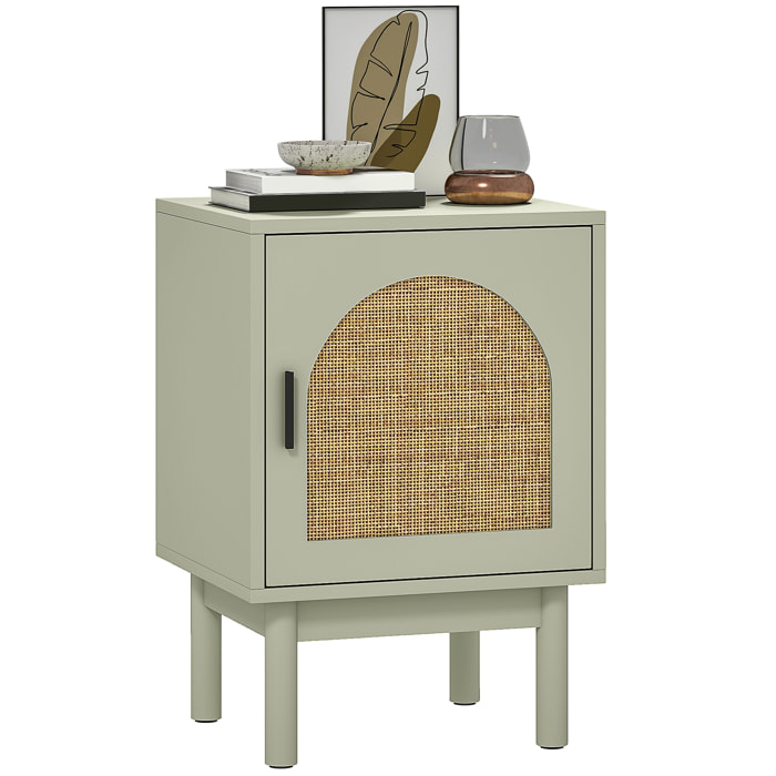Mesita de Noche Mesilla de Noche con Puerta de Ratán Estante Ajustable y Patas de Madera Estilo Bohemio Mesa Auxiliar para Salón Dormitorio 40x35x58 cm Blanco
