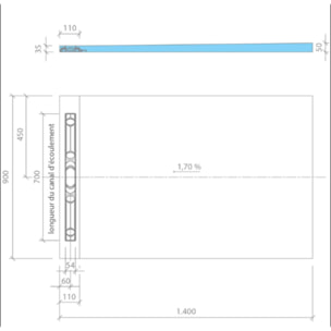Receveur de douche à carreler 140 x 90 cm Wedi Fundo Riolito Neo + barrette de finition + bonde verticale + kit d'étanchéité + colle 320