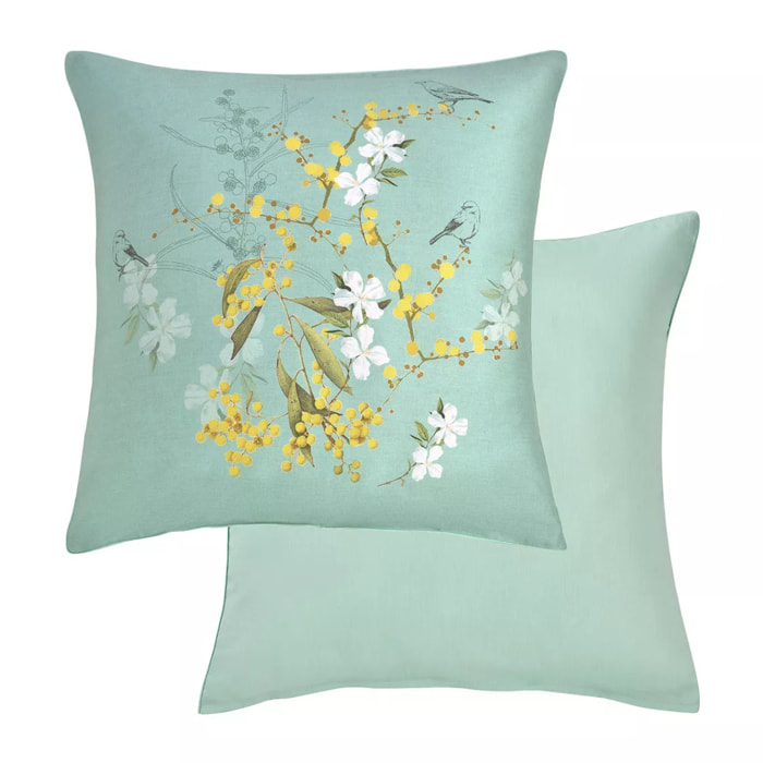 Taie d'oreiller satin de coton imprimé bleu Mimosas d'ete turquoise
