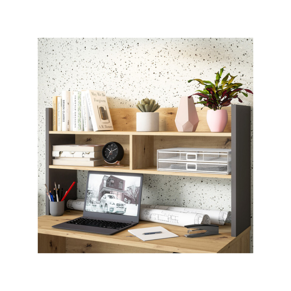Sur-meuble de bureau avec rangements effet bois et gris foncé - L 110 CM -KIAKA