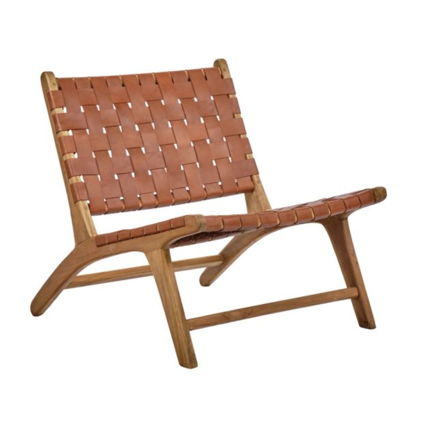 Chaise relax lounge en bois de teck et sangles croisées en cuir - PIOU