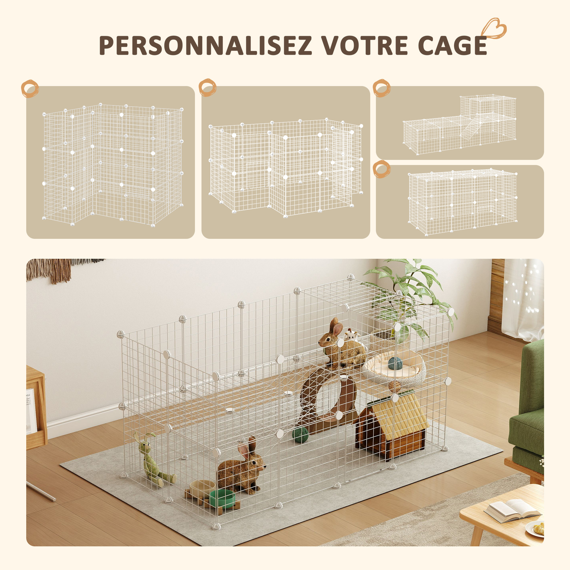 Cage parc enclos pour animaux domestiques L 146 x l 73 x H 73 cm modulable 2 niveaux 36 panneaux bords arrondis fil métallique blanc