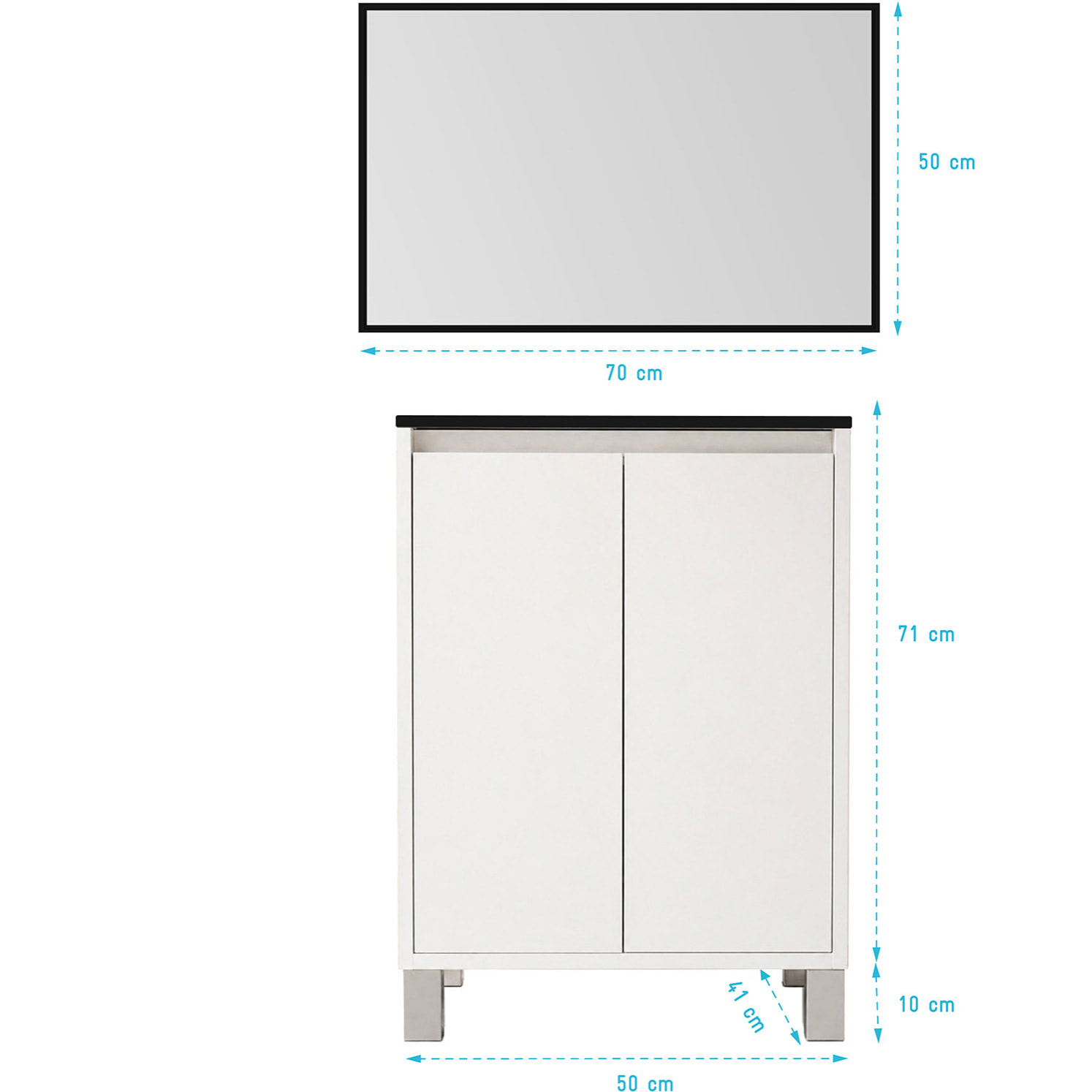 Meuble de Salle de Bains 50cm 2 portes Blanc, Vasque Noire et Miroir Cadre Noir 50x70 - XENOS