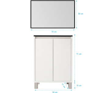 Meuble de Salle de Bains 50cm 2 portes Blanc, Vasque Noire et Miroir Cadre Noir 50x70 - XENOS