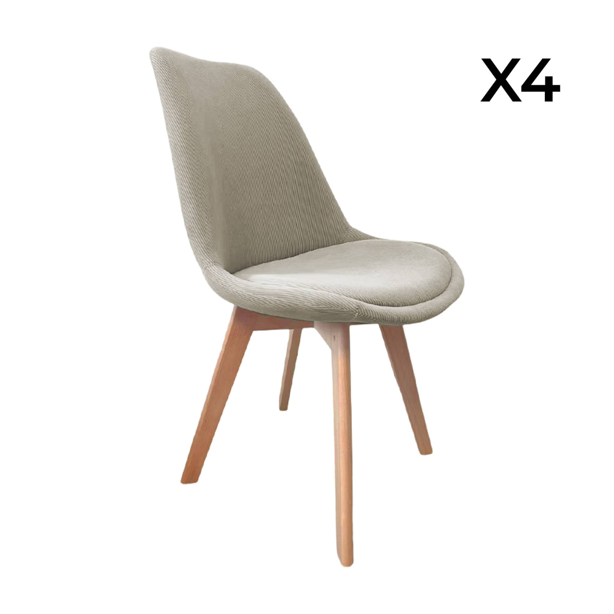Lot de 4 chaises scandinaves revêtement velours côtelé gris clair. pieds bois de hêtre - Nils