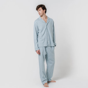 Pigiama lungo in cotone stile camicia, fantasia verde acqua roc