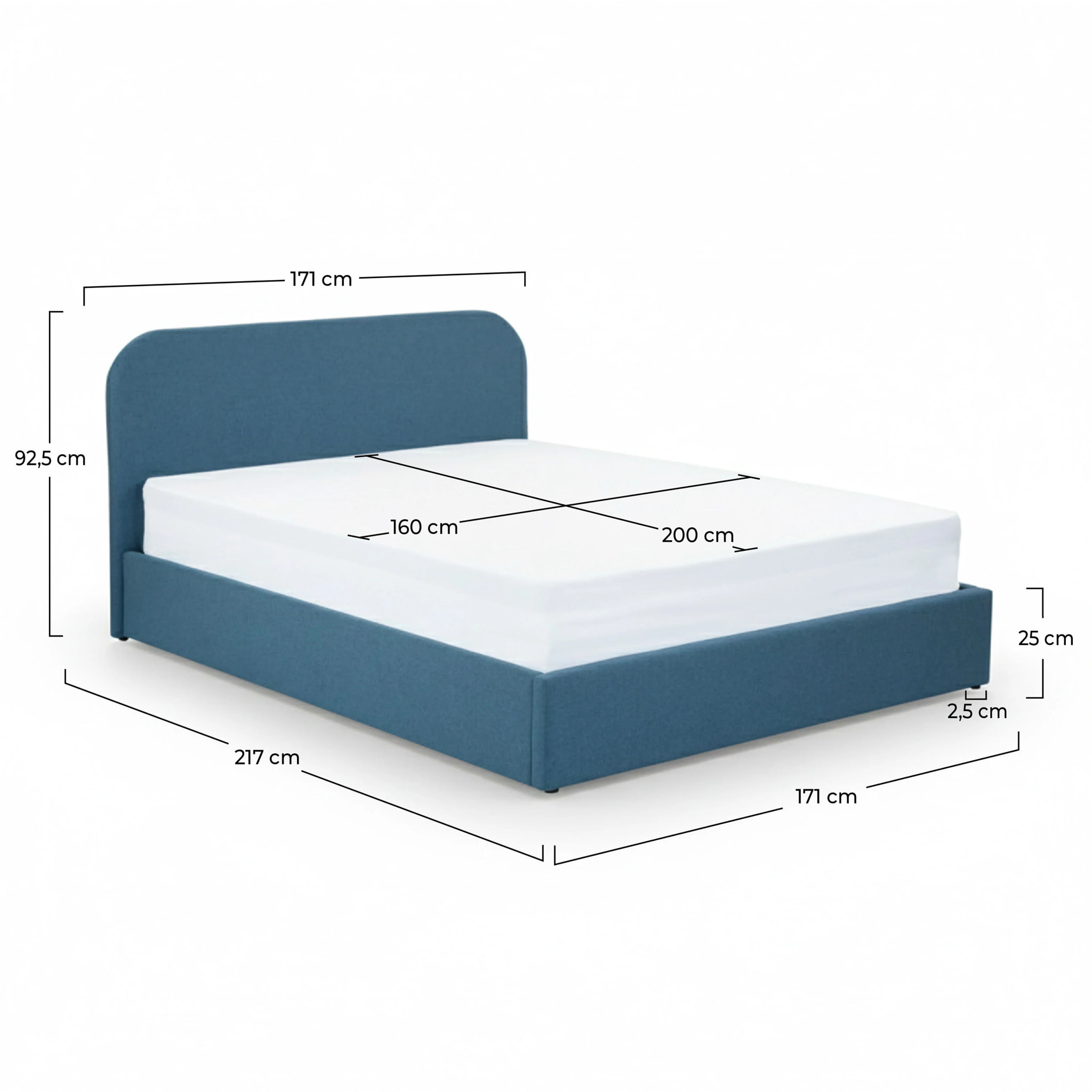 Lit double avec coffre 160x200 cm en tissu bleu - Tilly