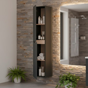 Colonna Da Bagno Sospesa Con 2 Ante E 2 Mensole Regolabili Mobile Alto In Melaminico Con Chiusura Assistita 135 x 31 x 26 Cm Grigio Antracite E Rovere