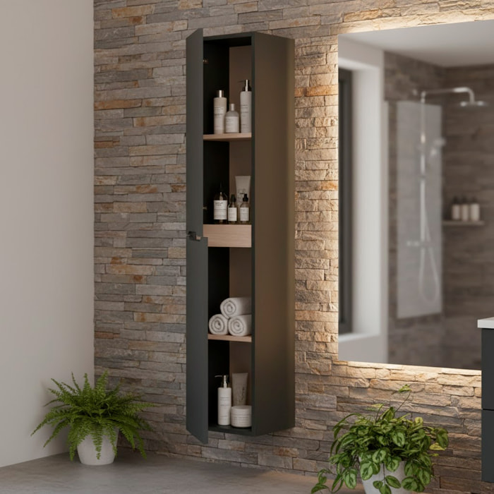 Colonna Da Bagno Sospesa Con 2 Ante E 2 Mensole Regolabili Mobile Alto In Melaminico Con Chiusura Assistita 135 x 31 x 26 Cm Grigio Antracite E Rovere