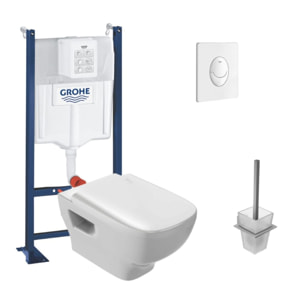 Pack WC suspendu sans bride Struktura + Bati-support GROHE + plaque Start blanc + porte-balai carré