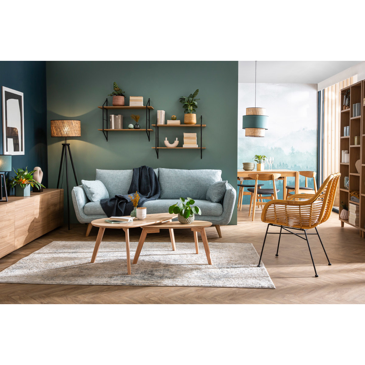 Canapé scandinave 3 places en tissu gris clair chiné et bois clair CREEP