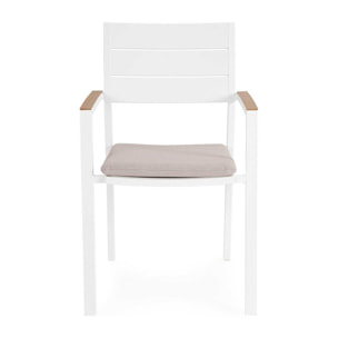 Set 4 sedie da giardino ZELMAR con cuscino tortora, braccioli effetto legno e struttura in alluminio bianco