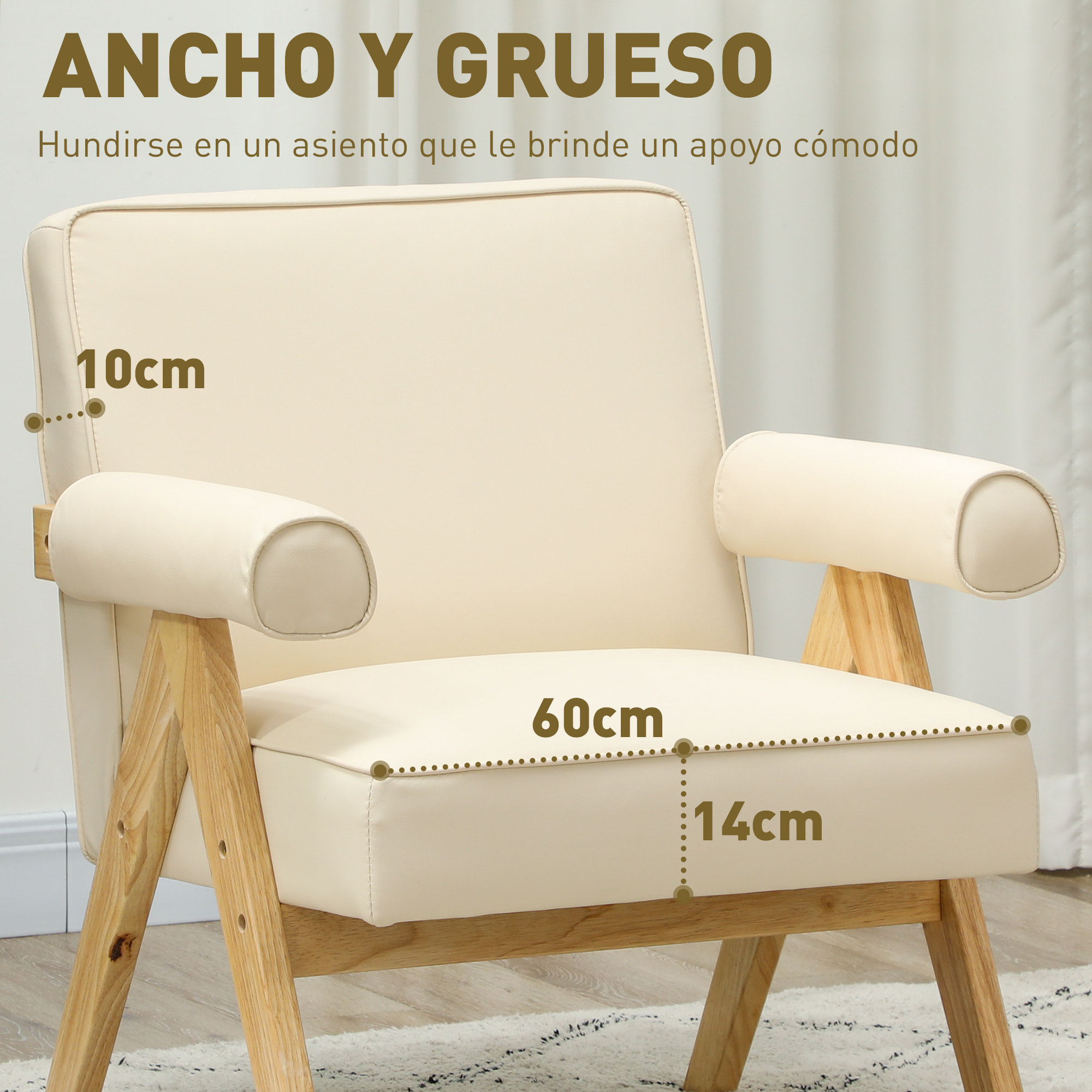Butaca de Salón Butaca Nórdica Sillón de Salón Tapizado en PU con Reposabrazos y Marco de Madera de Caucho para Dormitorio Carga 120 kg Crema