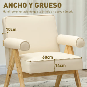 Butaca de Salón Butaca Nórdica Sillón de Salón Tapizado en PU con Reposabrazos y Marco de Madera de Caucho para Dormitorio Carga 120 kg Crema