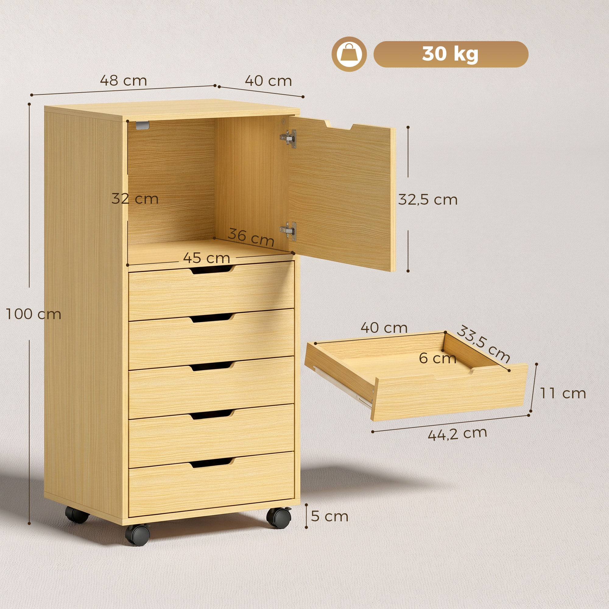 Cajonera Escritorio con 5 Cajones, Cajonera de Oficina con Ruedas y Armario con Cierre Suave, Soporte para Impresora, Mueble Archivador para Oficina en Casa, Natural