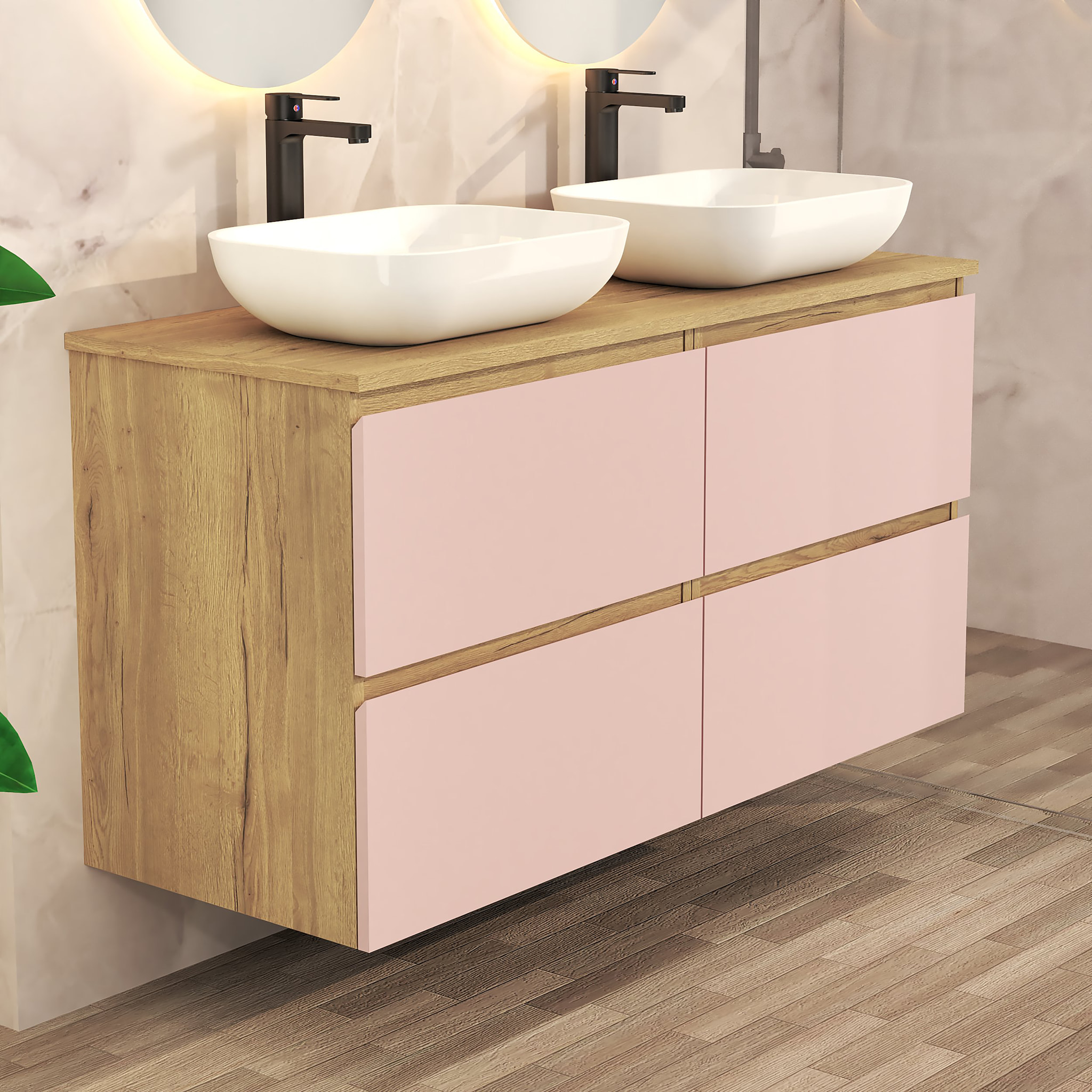 Conjunto de Baño Nia | Mueble Suspendido | 120 cm Rosa |Cuatro Cajones | Lavabo Sobrepuesto | No incluye Espejo | Mueble Montado| Alday