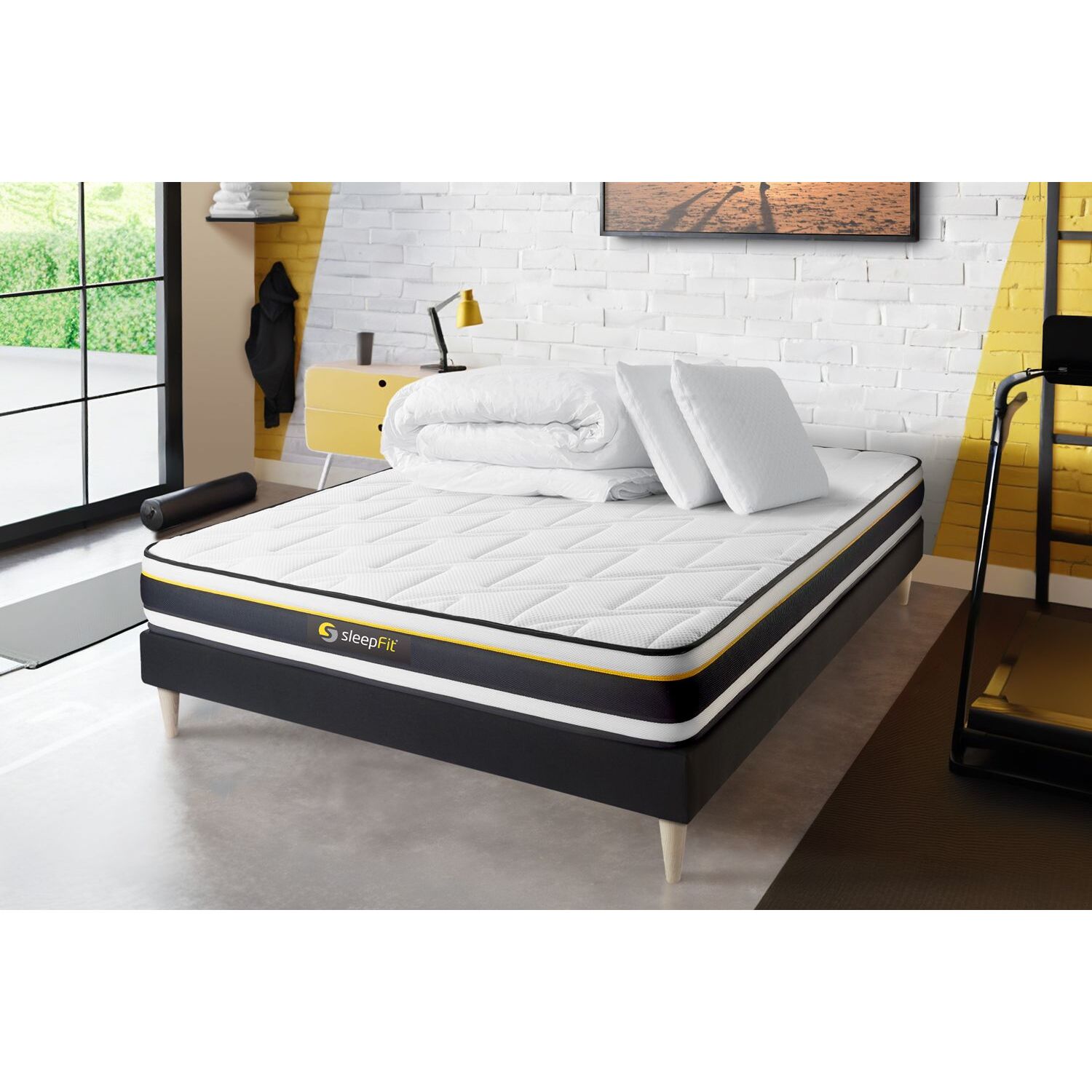 Pack cama completa - Colchón Espuma - Kit de base de cama - Negro -  con 2 almohadas y 1 edredón