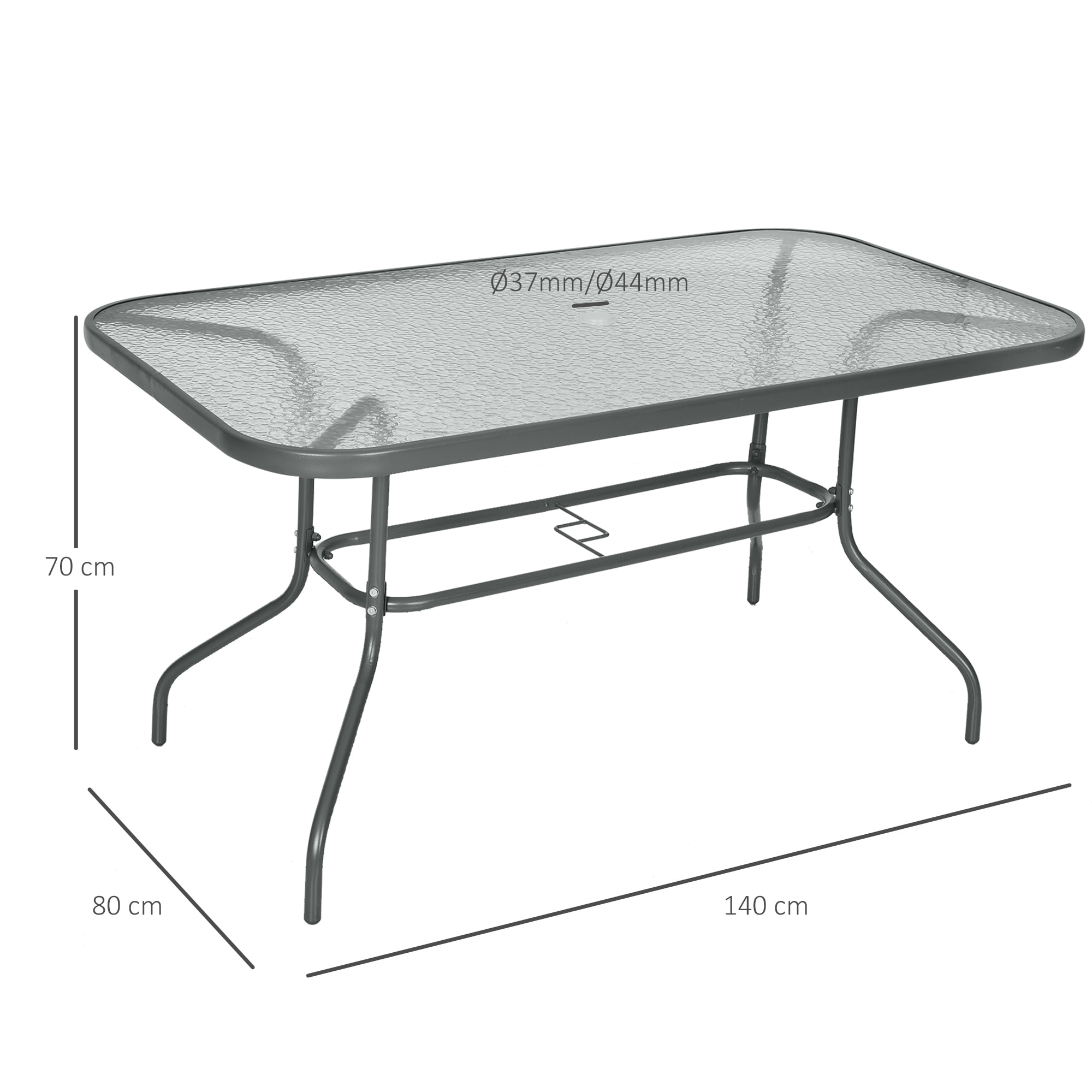 Table de jardin rectangulaire dim. 140L X 80l x 70H cm métal époxy gris plateau verre trempé