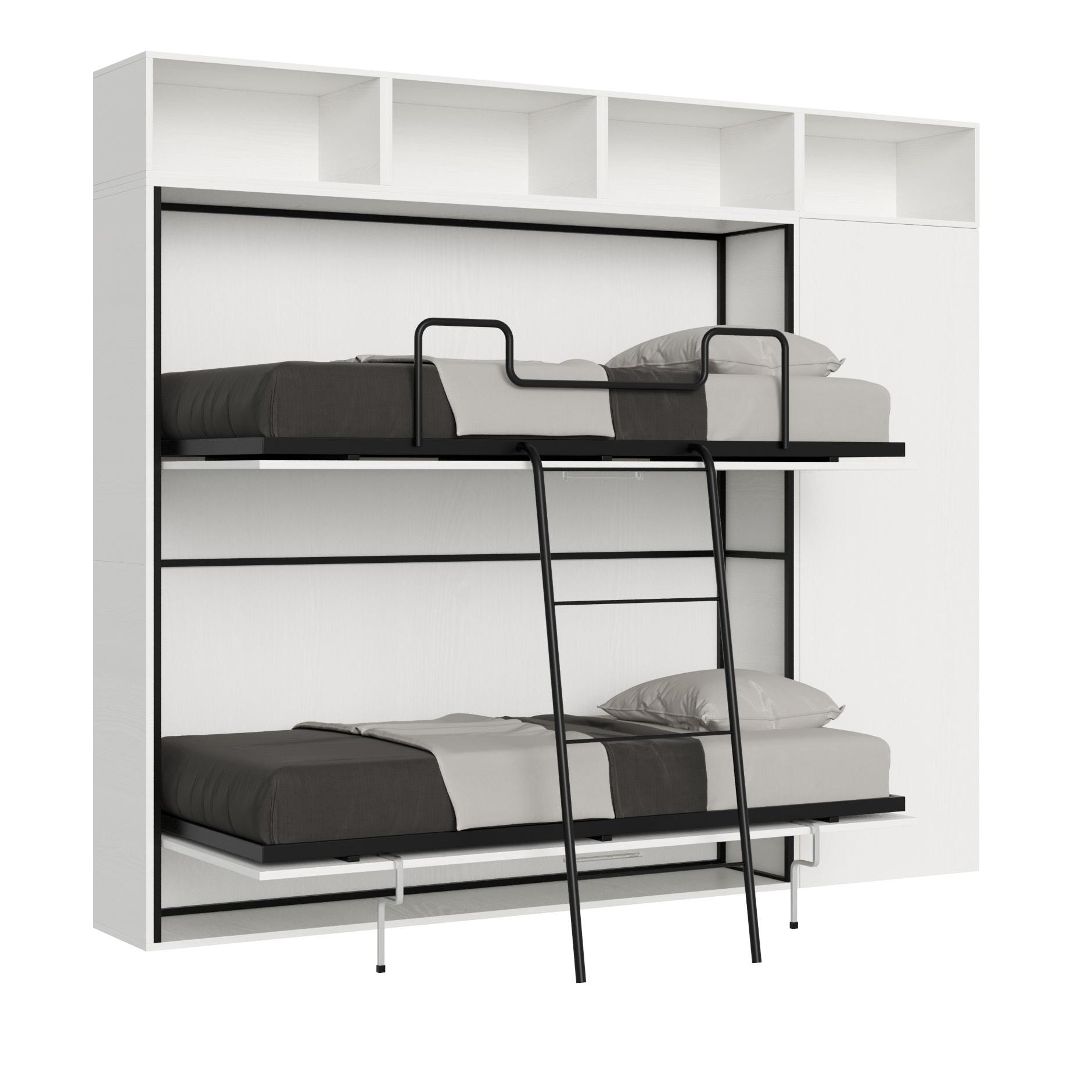 Armoire lit escamotable horizontal superposé 2 couchages 85 Kando avec matelas composition I Frêne Blanc