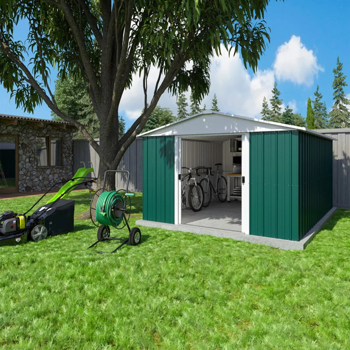 Abri de jardin métal vert Yardmaster 11,03 m² + kit d'ancrage