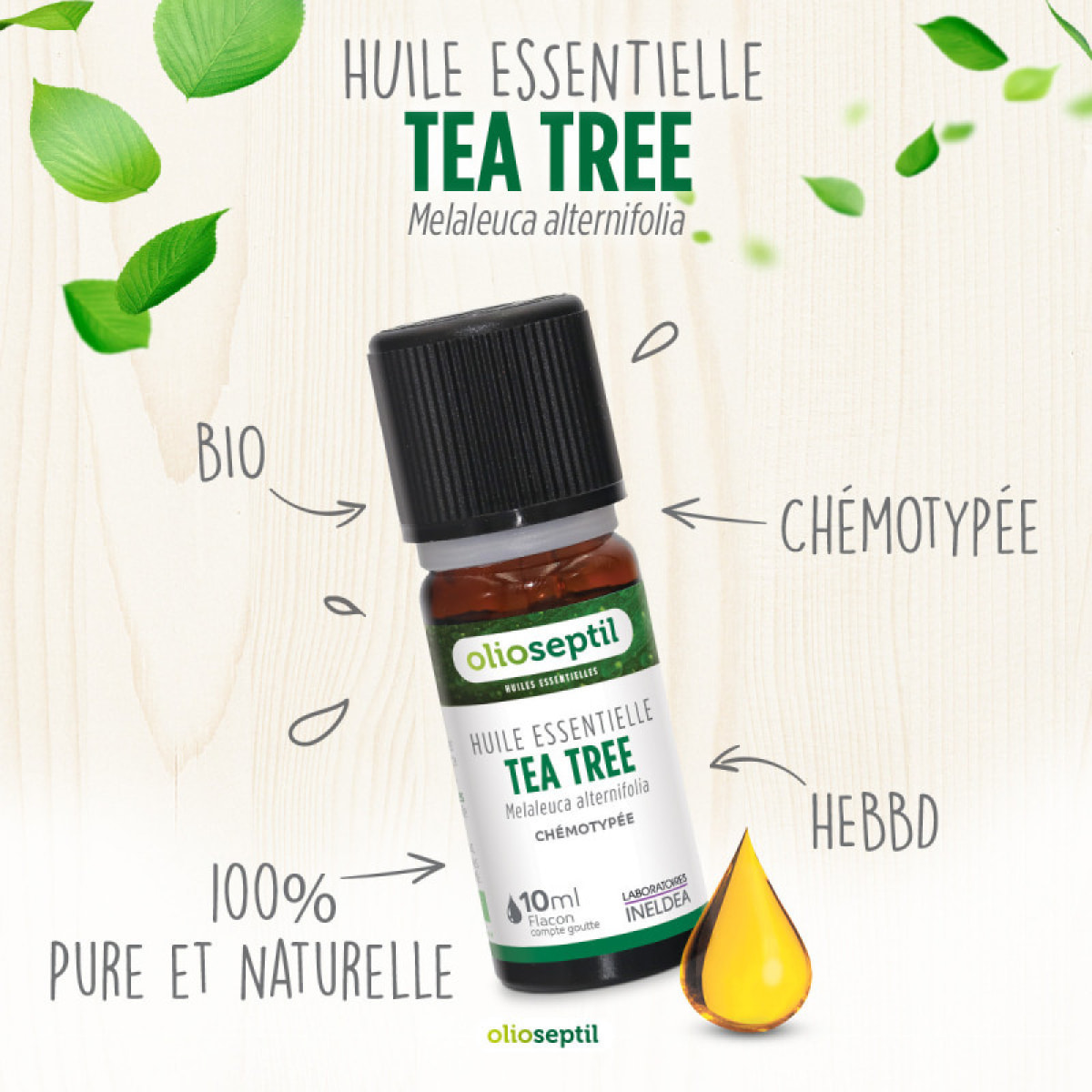 OLIOSEPTIL - Huile essentielle de Tea Tree - 100% Pure et naturelle - BIO - HEBBD (biochimiquement et botaniquement définie) - 100% origine naturelle - Lot de 2 Flacons 10ml