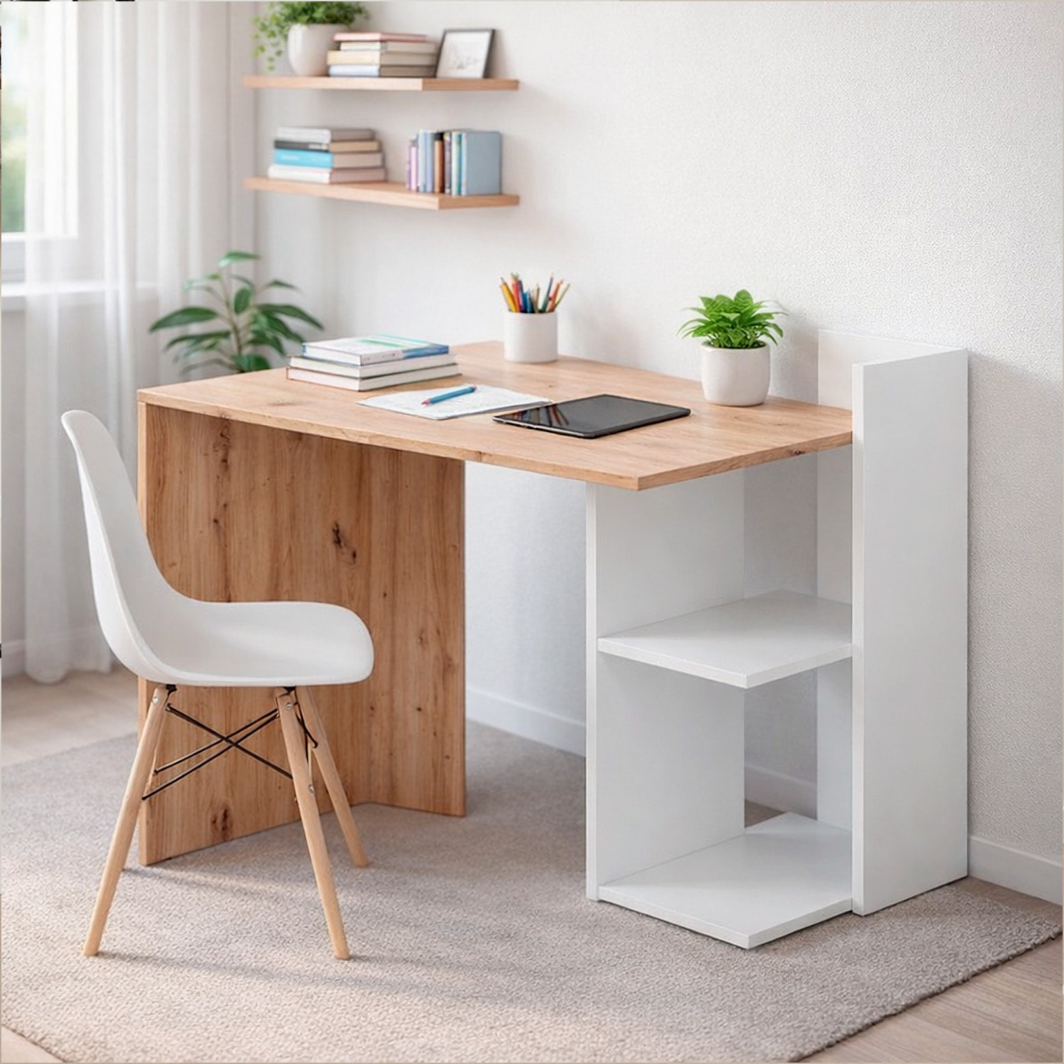 Scrivania Moderna Reversibile Con Vani Laterali A Giorno Mobile Desk Per PC Studio Home Office Struttura Resistente 100 x 52 x 78 Cm Bianco E Rovere