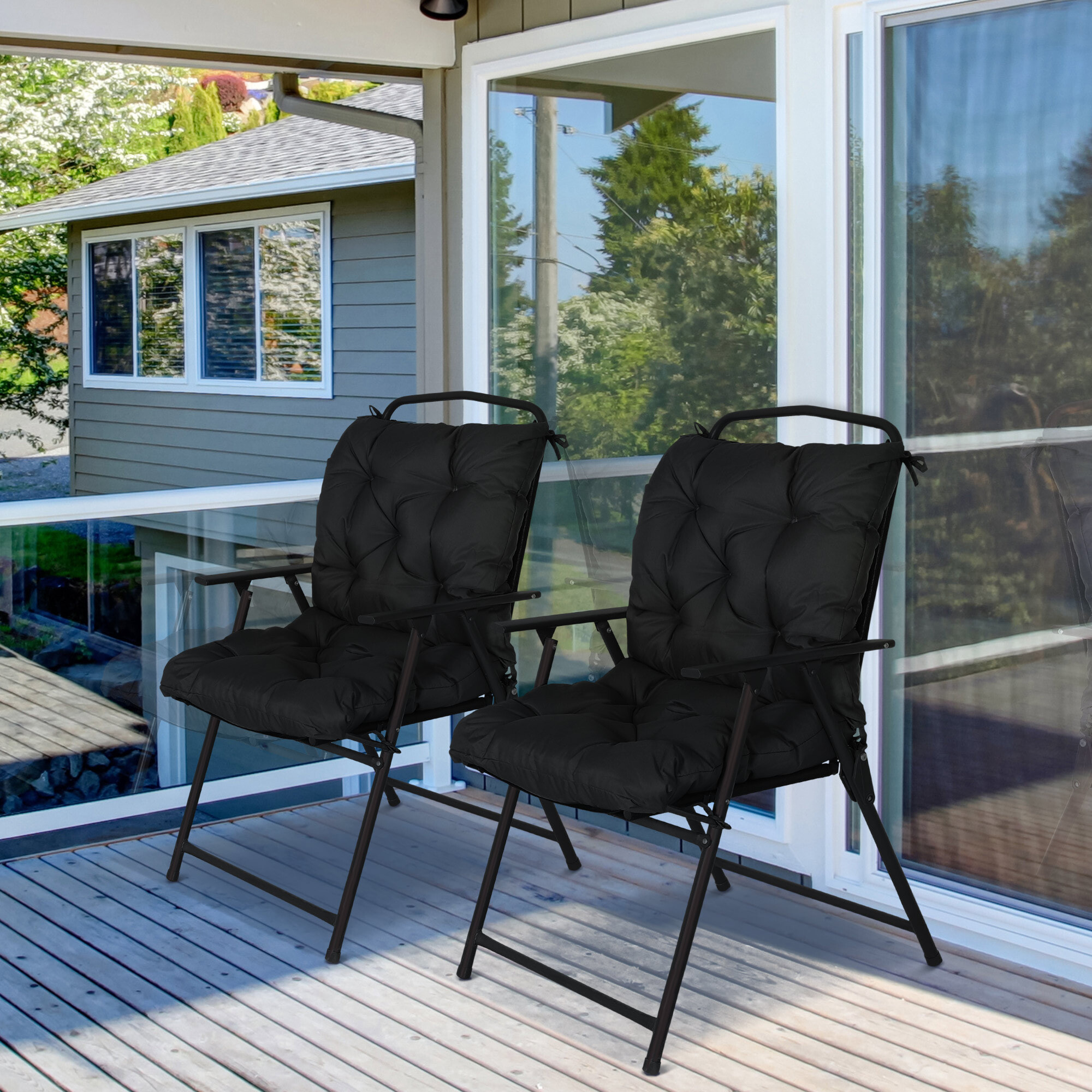 Conjunto de 2 Cojines para Silla Cojines para Jardín Colchones de Banco con Respaldo 6 Cordones de Fijación 50x98x8 cm Negro