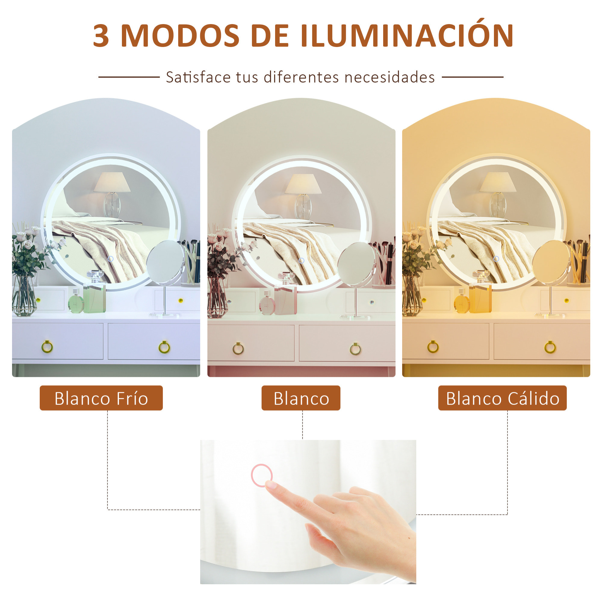 Tocador con Espejo con Luz LED Ajustable y Taburete Juego de Mesa de Maquillaje con 4 Cajones de Almacenaje para Dormitorio 80x40x133 cm Blanco