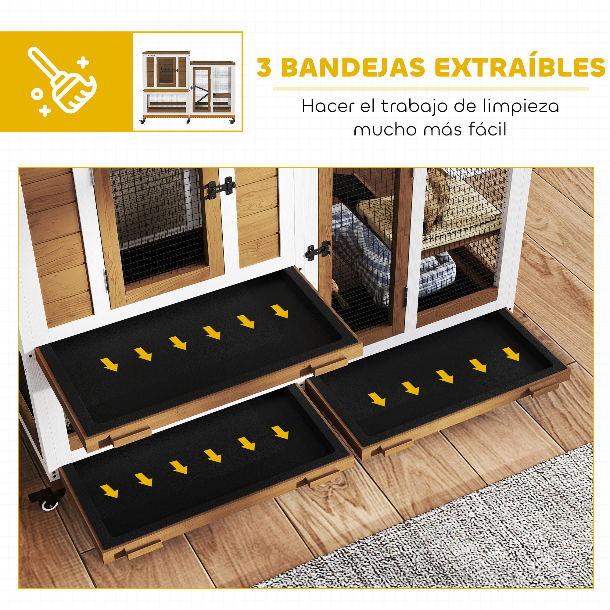 Conejera de Madera de 2 Niveles Jaula para Conejos con 6 Ruedas 2 Escaleras 3 Bandejas Extraíbles Puertas con Cerraduras y Zona Abierta Conejera para Interior 110x50x86 cm Marrón y Blanco