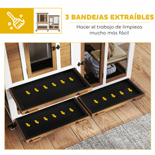 Conejera de Madera de 2 Niveles Jaula para Conejos con 6 Ruedas 2 Escaleras 3 Bandejas Extraíbles Puertas con Cerraduras y Zona Abierta Conejera para Interior 110x50x86 cm Marrón y Blanco