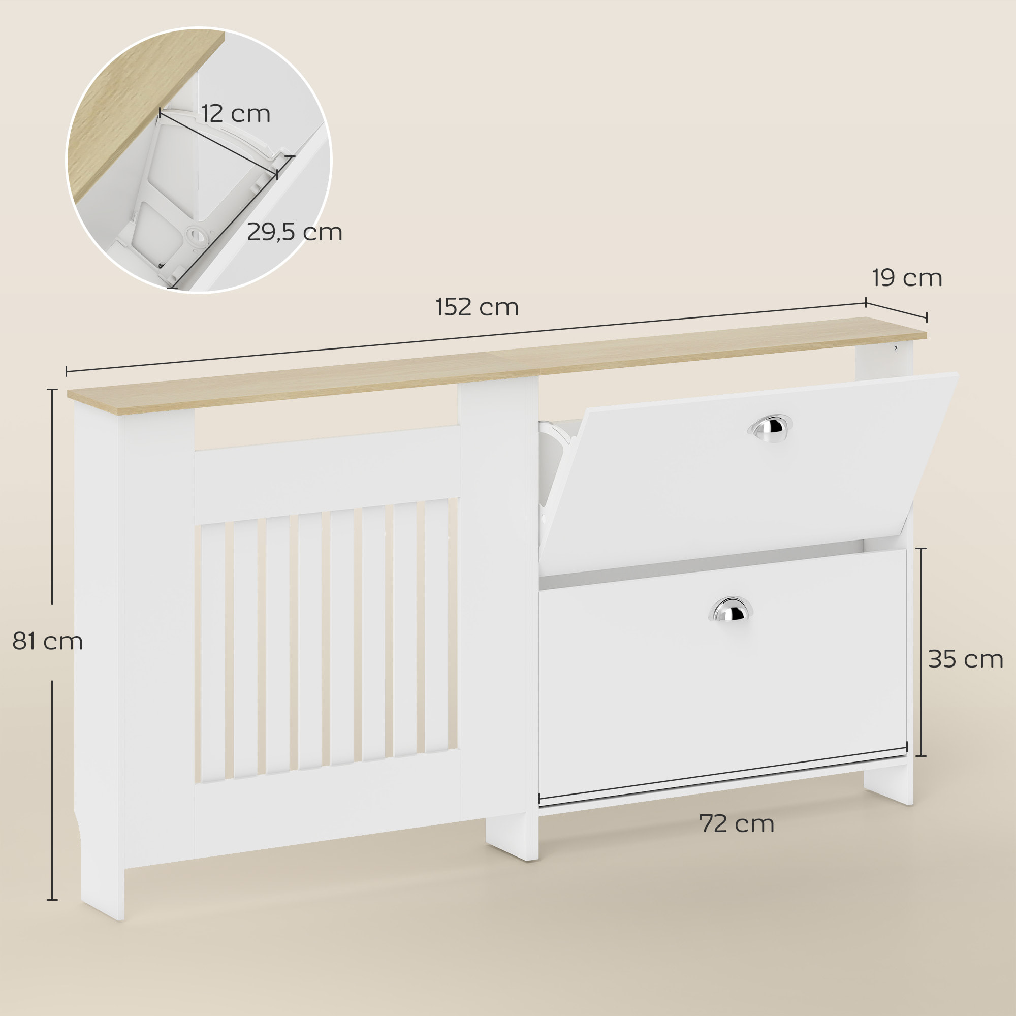 Cubre Radiadores con Zapatero, Cubreradiador de MDF, 152x19x81 cm, Cubierta para Radiador con 2 Cajones Abatibles, Diseño Moderno de Listones, para Salón, Dormitorio, Blanco