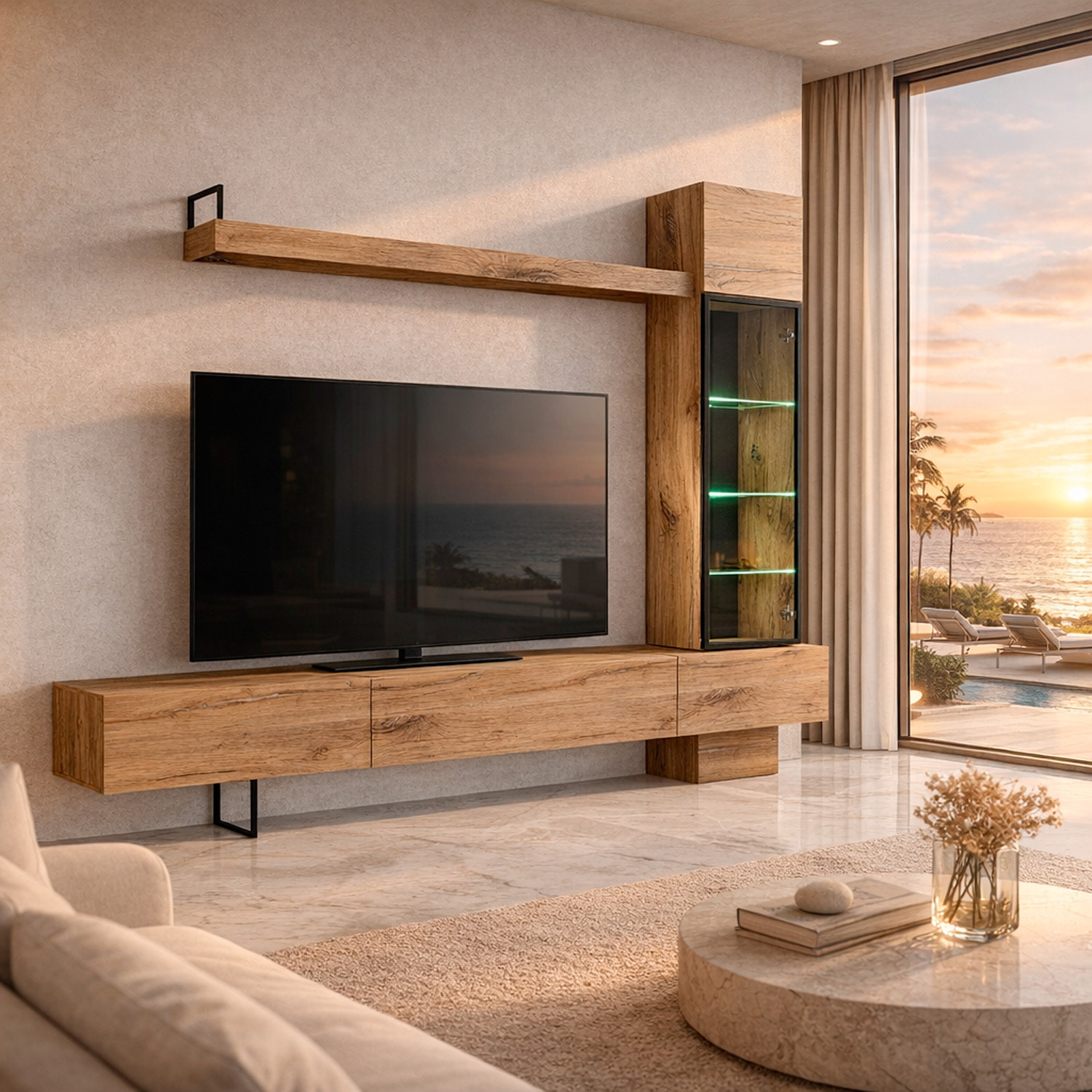 Parete Attrezzata Soggiorno Mobile Tv Colonna Vetrina Led Mensola Moderno Living Arredo Casa Contenitore Resistente Salvaspazio 240x 170x 40 Cm Rovere