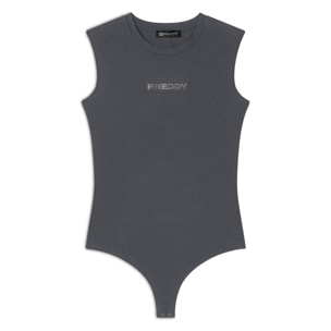 Body senza maniche in jersey stretch con logo strass