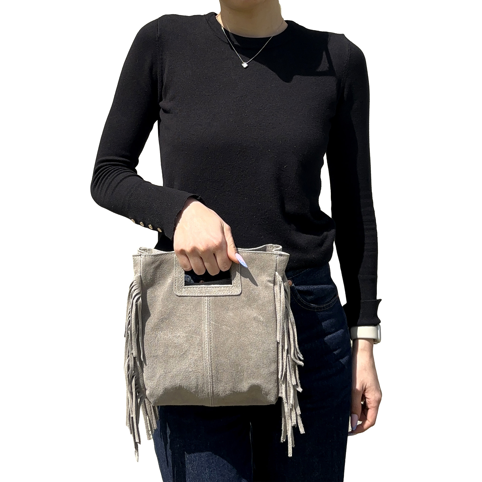 Borsa a Mano in Vera Pelle Scamosciata con Frange Made in Italy