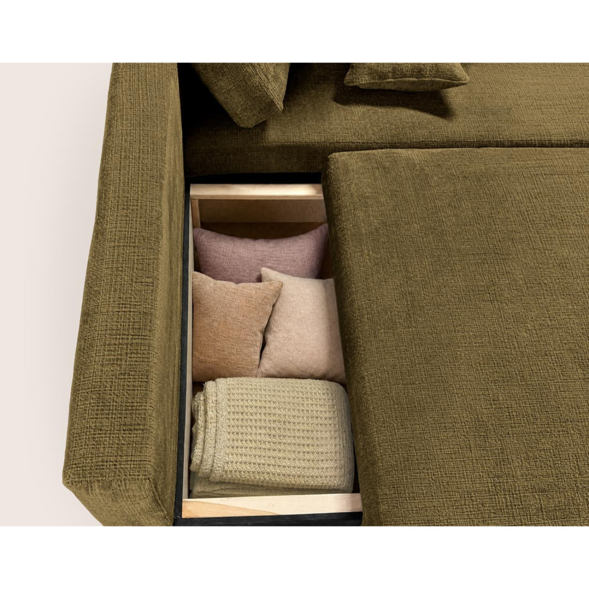 Miro - Canapé d'angle droit 4 places convertible avec coffre en velours texturé - Vert Olive