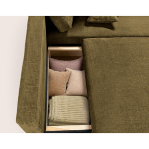 Miro - Canapé d'angle droit 4 places convertible avec coffre en velours texturé - Vert Olive