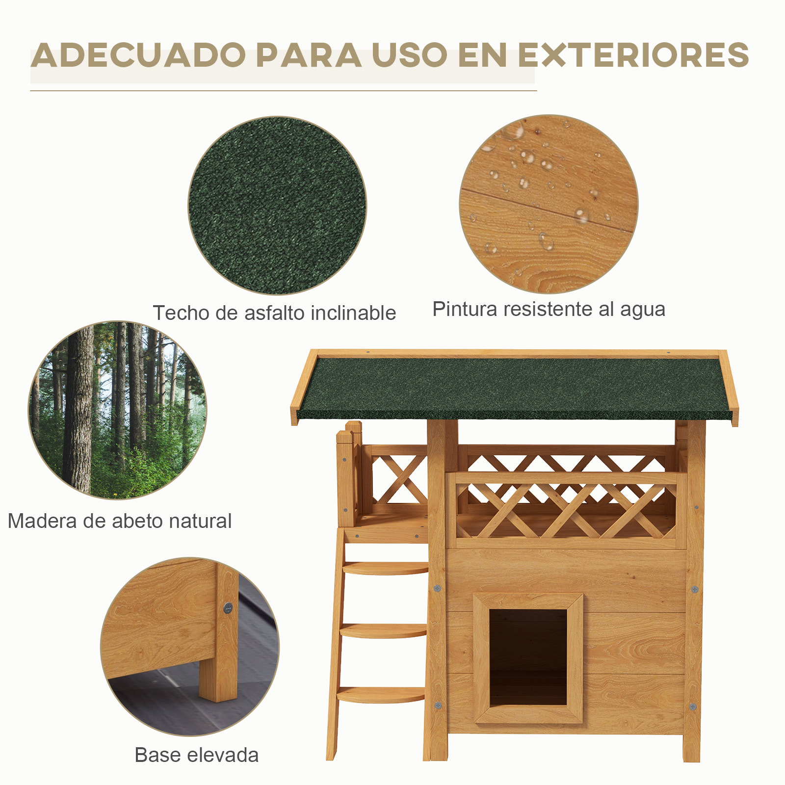 Casa para Gatos de Madera 77x50x73 cm Caseta para Gatos de 2 Niveles Refugio para Gatos con Techo Asfáltico Escalera y Balcón para Exterior Natural