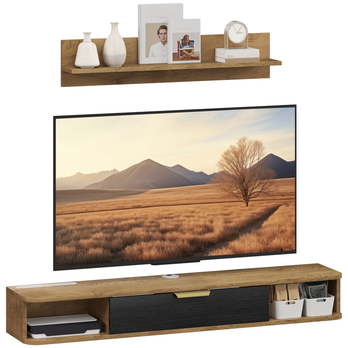 Conjunto de Muebles de Salón, Muebles de TV con Estante de Pared, Puerta, Estantes Abiertos, Orificios para Cables, para Televisión de Pared, 120x24x16 cm, Roble