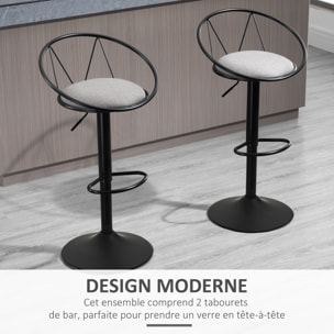 Lot de 2 tabourets de bar design néo-rétro réglable pivotant avec repose-pied métal noir lin gris