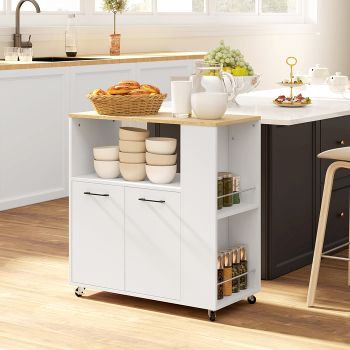 Desserte de cuisine multi-rangement 2 portes, étagère, niche, plateau, 2 porte-épices blanc aspect chêne clair