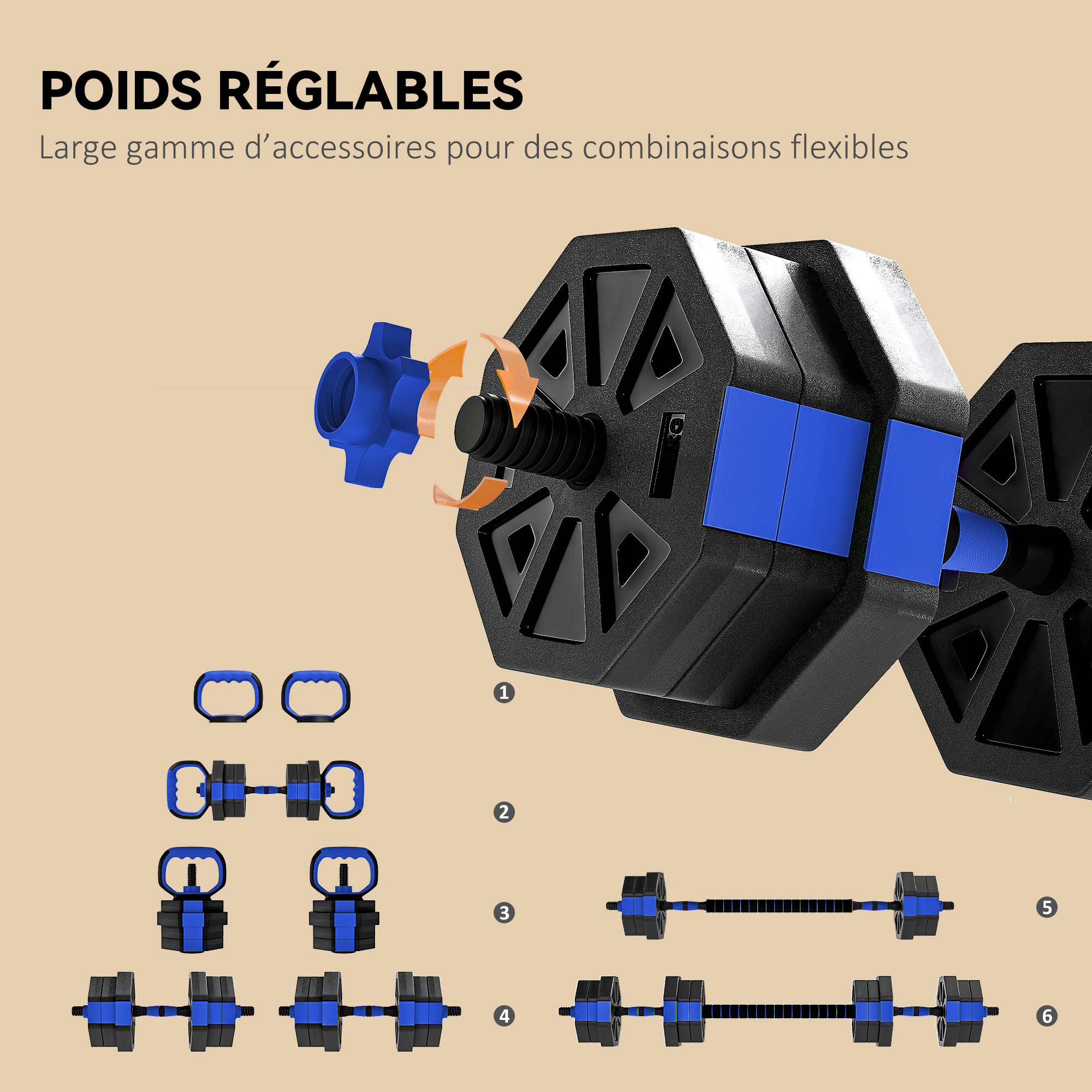 Ensemble d'haltères musculation multifonction 4 en 1 - haltères, kettlebell, push-up support, Olympic barre - total 20Kg - PVC bleu noir