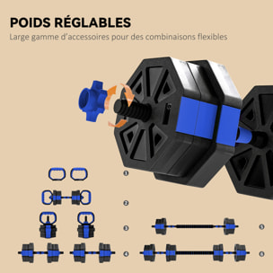 Ensemble d'haltères musculation multifonction 4 en 1 - haltères, kettlebell, push-up support, Olympic barre - total 20Kg - PVC bleu noir